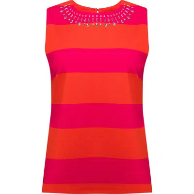 Isaac Mizrahi New York Embellished Ponte Shell In Magenta/orange Cabana Stripe