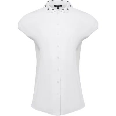 Isaac Mizrahi New York Embroidered Collar Cap Sleeve Button-up Shirt In White/black