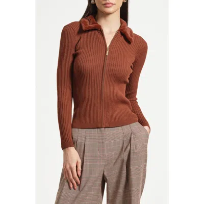 Isaac Mizrahi New York Faux Fur Collar Rib Cardigan In Brown