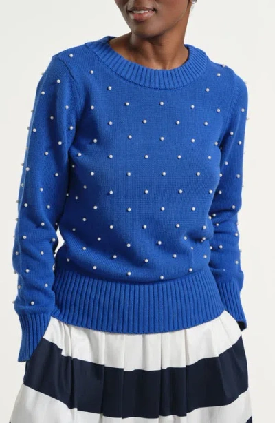 Isaac Mizrahi New York Faux Pearl Accent Cotton Crewneck Sweater In Blue