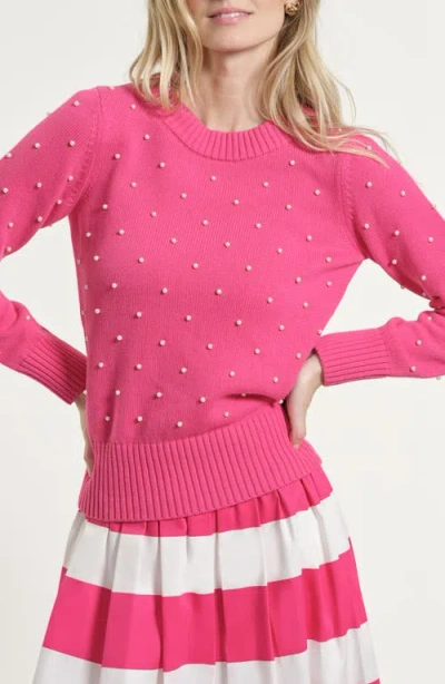 Isaac Mizrahi New York Faux Pearl Accent Cotton Crewneck Sweater In Pink
