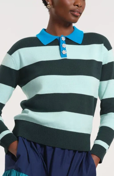Isaac Mizrahi New York Floral Button Rugby Sweater In Blue