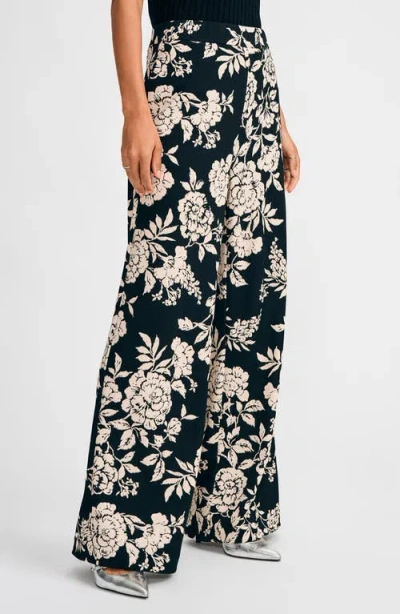 Isaac Mizrahi New York Floral Cotton Wide Leg Pants In Black/ivory