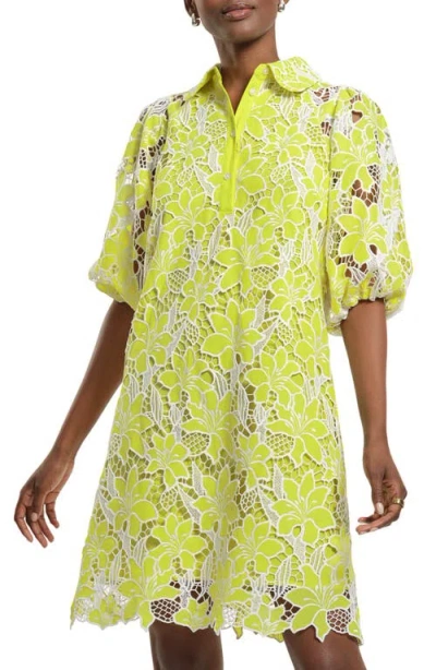 Isaac Mizrahi New York Floral Lace Eyelet Swing Shirtdress In Yellow