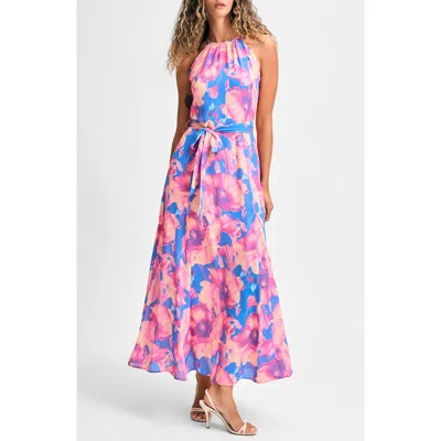 Isaac Mizrahi New York Floral Print Halter Dress In Blue