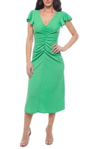 Isaac Mizrahi New York Flutter Sleeve Ruched Jersey Midi Dress In Green