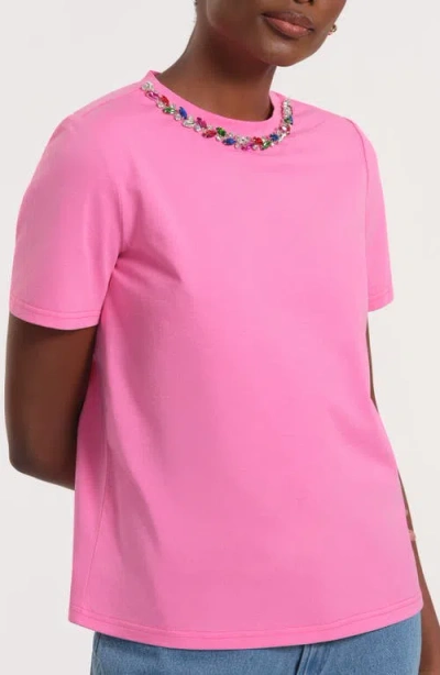 Isaac Mizrahi New York Necklace Embellished Stretch Cotton T-shirt In Pink