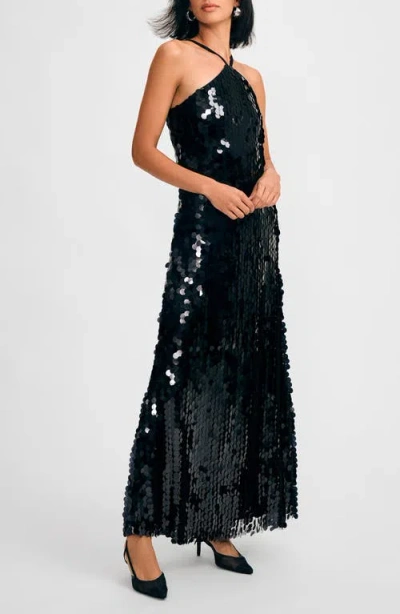Isaac Mizrahi New York Paillette Halter Strap Dress In Black