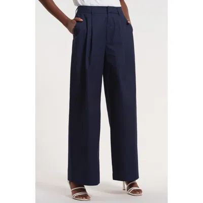 Isaac Mizrahi New York Pleated High Waist Cotton Wide Leg Pants In Blue