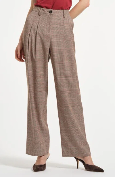 Isaac Mizrahi New York Pleated High Waist Plaid Striaght Leg Pants In Brown