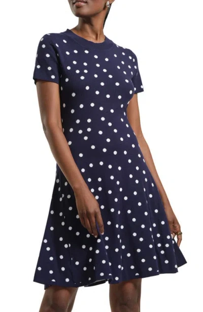 Isaac Mizrahi New York Polka Dot Fit & Flare Sweater Dress In Blue