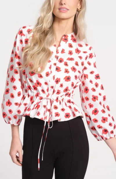 Isaac Mizrahi New York Poppy Print Cotton Balloon Sleeve Shirt In Multi
