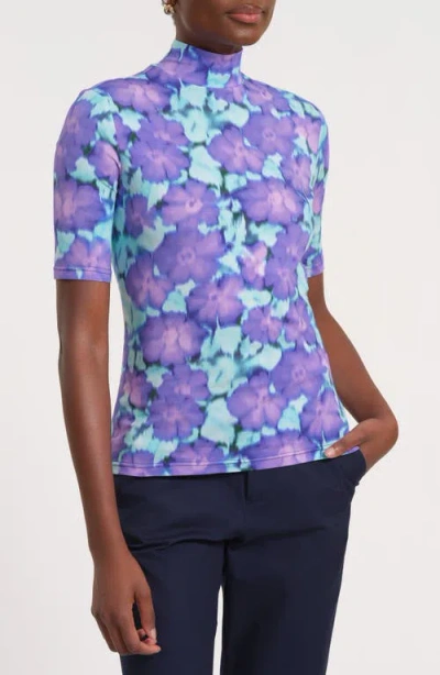 Isaac Mizrahi New York Print Mock Neck Top In Multi