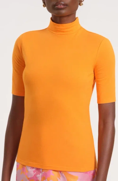 Isaac Mizrahi New York Print Mock Neck Top In Orange
