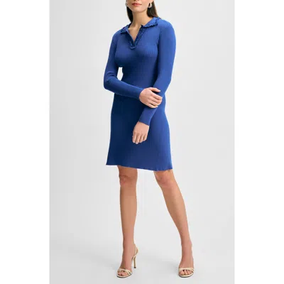 Isaac Mizrahi New York Ruffle Collar Long Sleeve Knit Dress In Blue