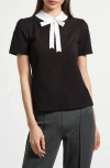 Isaac Mizrahi New York Satin Trim Peter Pan Collar Stretch Cotton T-shirt In Black