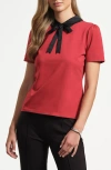 Isaac Mizrahi New York Satin Trim Peter Pan Collar Stretch Cotton T-shirt In Red