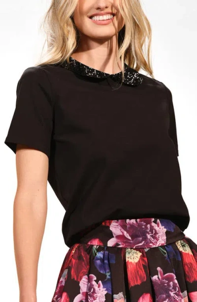 Isaac Mizrahi New York Sequin Embellished Cotton Peter Pan Collar Top In Black
