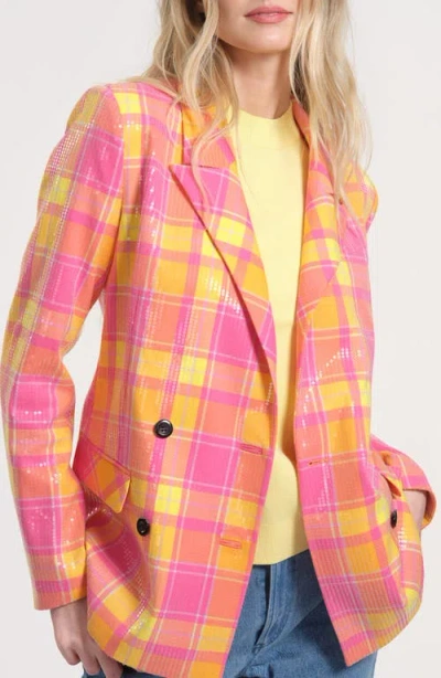 Isaac Mizrahi New York Sequin Plaid Double Breasted Blazer In Multi