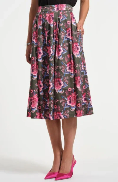 Isaac Mizrahi New York Stretch Cotton Sateen Midi Skirt In Multi