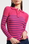Isaac Mizrahi New York Stripe Ruffle Rib Polo Sweater In Pink