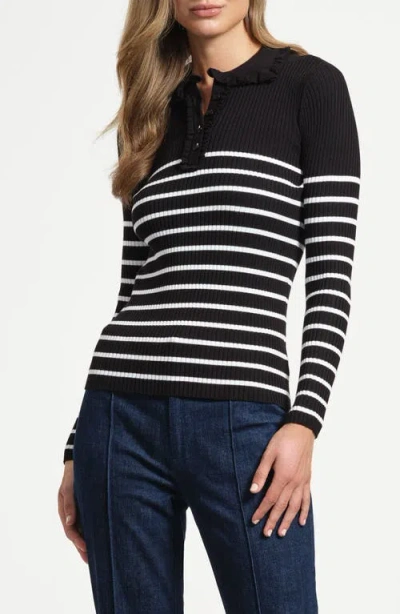 Isaac Mizrahi New York Stripe Ruffle Rib Polo Sweater In Black