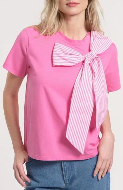 Isaac Mizrahi New York Striped Bow Stretch Cotton T-shirt In Pink