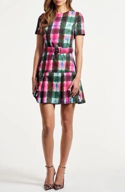 Isaac Mizrahi New York Tie Dye Pleated Belted Drop Waist Stretch Cotton Minidress In Multi