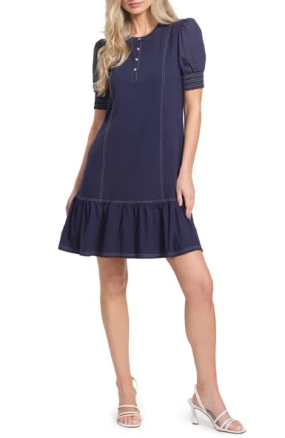 Isaac Mizrahi New York Top Stitch Detail Drop Waist Stretch Cotton Dress In Blue