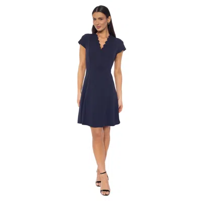 Isaac Mizrahi Scallop Neck Crepe Scuba Fit And Flare Dress In Blue