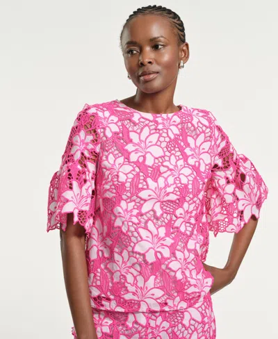 Isaac Mizrahi Women's Boxy Eyelet Crewneck Top In Pink