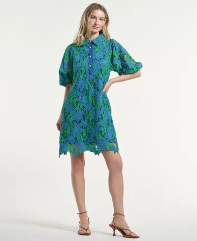 Isaac Mizrahi Women's Eyelet Blouson Collared Neck Dress In Blue