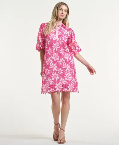 Isaac Mizrahi Women's Eyelet Blouson Collared Neck Dress In Pink