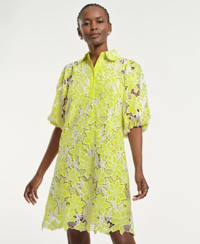 Isaac Mizrahi Women's Eyelet Blouson Collared Neck Dress In Yellow