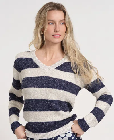 Isaac Mizrahi Women's Long-sleeve V-neck Knitted Sweater In Blue