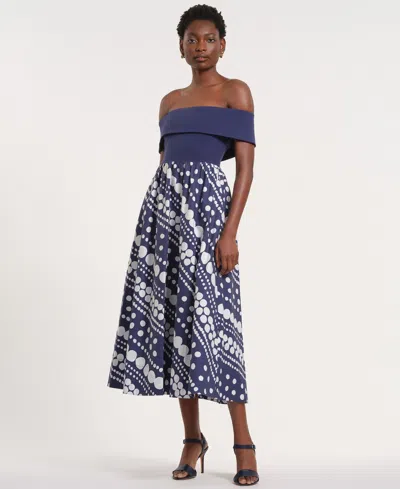 Isaac Mizrahi Women's Off-the-shoulder Printed Maxi Dress In Blue
