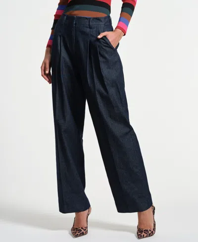 Isaac Mizrahi Women's Pleated Wide Leg Denim Pants In Blue