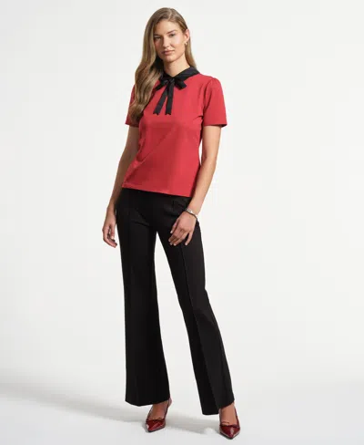 Isaac Mizrahi Women's Satin Bow Neck Peter Pan T-shirt In Red