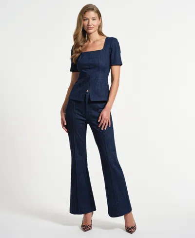 Isaac Mizrahi Women's Square Neck Seamed Denim Top In Blue