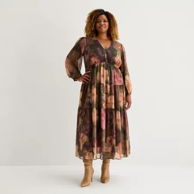 Isabel & Nina Womens Plus Long Sleeve Floral Maxi Dress In Brown
