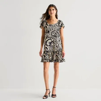 Isabel & Nina Womens Round Neck Short Sleeve Leaf Shift Dress In Black