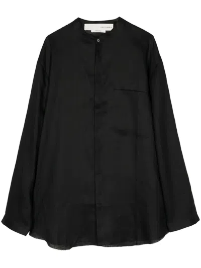 Isabel Benenato Band-collar Linen Shirt In Black