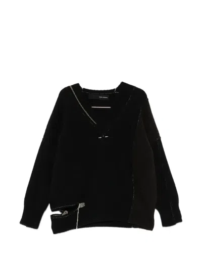 Isabel Benenato Distressed V-neck Sweater In Black
