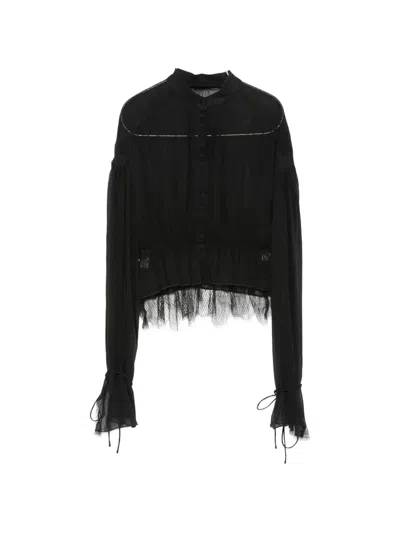 Isabel Benenato Lace-trimmed Button-up Blouse In Black