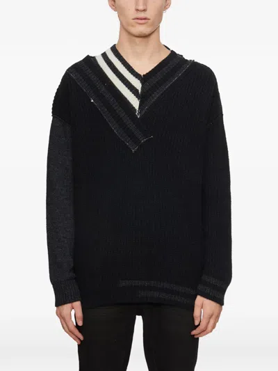Isabel Benenato Striped V-neck Sweater In Black
