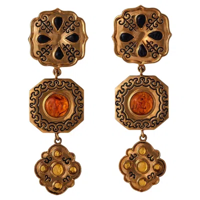 Pre-owned Isabel Canovas 1980s  Gold Triple Drop Engraved Earrings In Multi