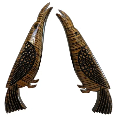 Pre-owned Isabel Canovas Carved Wood Bird Clip-on Earrings In Multi
