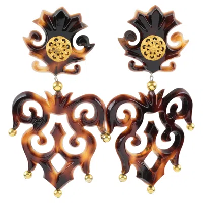 Pre-owned Isabel Canovas Tortoise Resin Dangle Carved Clip Earrings In Multi