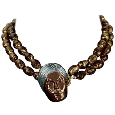 Pre-owned Isabel Canovas Turban Head Multi Strand Gold Foil Murano Glass Bead Necklace In Black