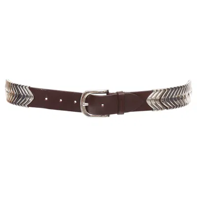Pre-owned Isabel Marant 2021 Tehora Brown Calfskin Leather Silver Chevron Westernbelt 85cm